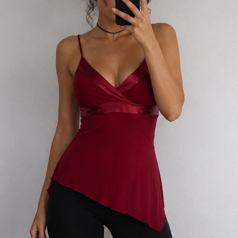 VTG Wet Seal y2k Coquette Babydoll Tank Top Tie Back Asymmetric Stretchy Red S